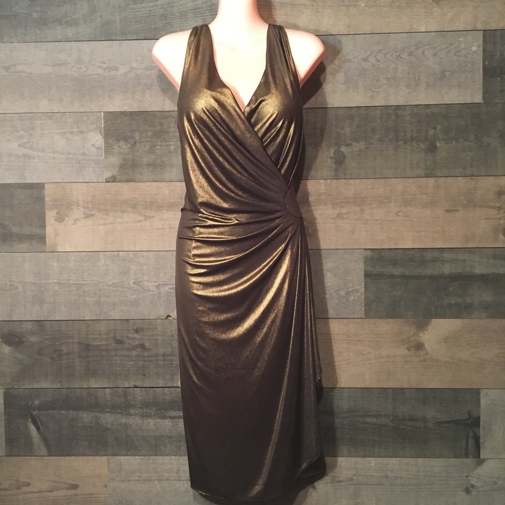 Simon Chang Shimmery Bronze Wrap Midi Dress